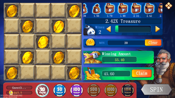 3 Patti Union Mines game screenshot showing 2 mines and increasing multipliers